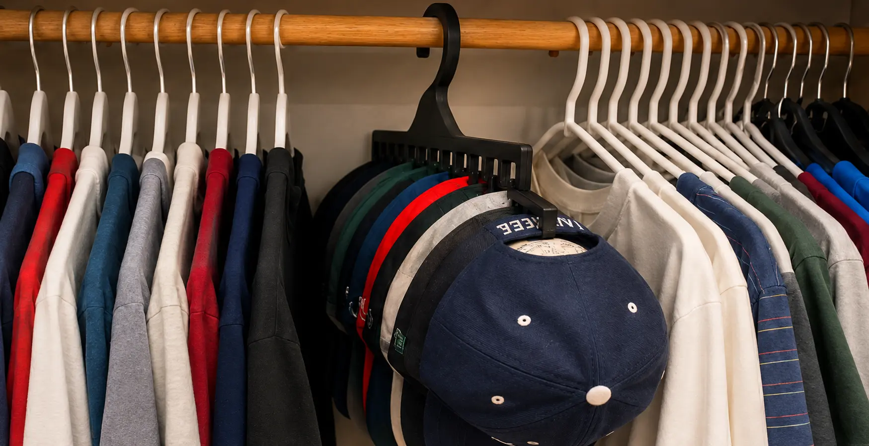 Cabide organizador com bonés dentro do closet