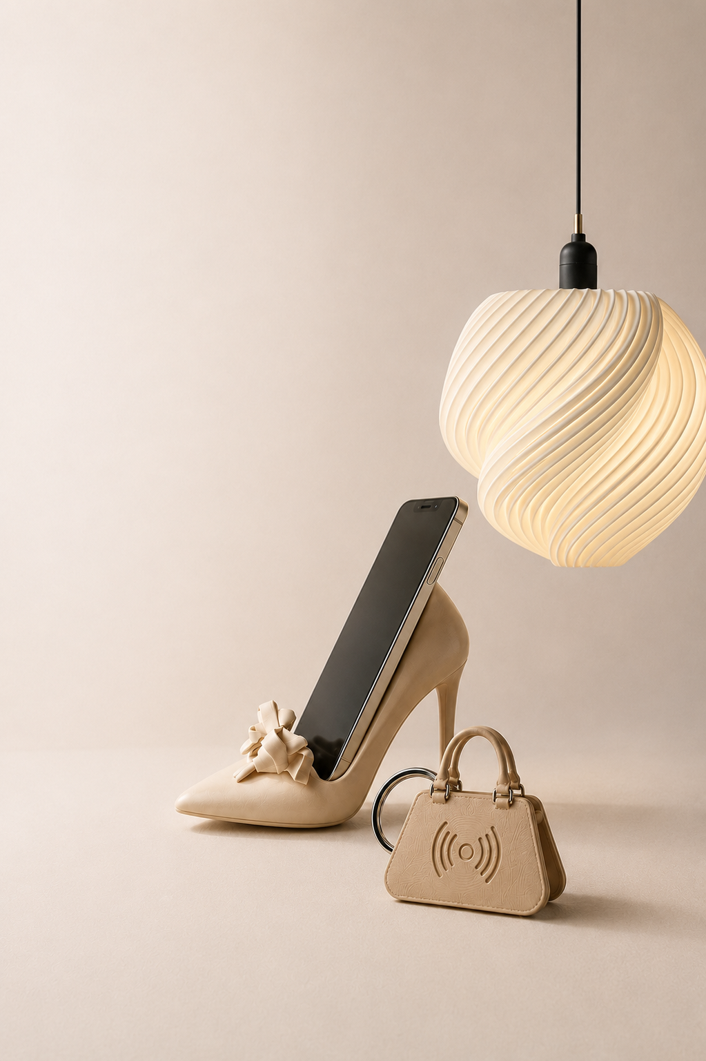 Composição vertical de produtos Feitora: suporte de celular em forma de salto, luminária espiral e chaveiro